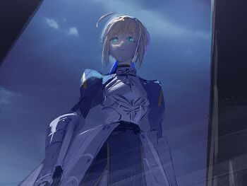 Rule 34 | 1girl, ahoge, are you my master, armor, armored dress, artoria pendragon (fate), blonde hair, blue dress, commentary request, dress, expressionless, fate/stay night, fate (series), from below, green eyes, looking at viewer, night, saber (fate), sketch, sky, solo, ubwmitekure, upper body