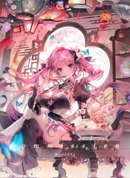 1girl @_@ architecture black_dress blue_butterfly blunt_bangs blush breast_cutout breasts bug butterfly chinese_knot cleavage commission crossed_legs dress east_asian_architecture flower frilled_dress frilled_sleeves frills hair_intakes hair_ornament heart-shaped_gem highres insect lantern large_breasts long_hair looking_at_viewer original pink_hair plate rabbit_hair_ornament scroll sitting solo teapot twintails yp1091