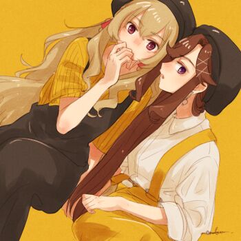 2girls :o arm_at_side arm_on_own_leg arm_rest arm_support beret black_hat black_overalls blush brown_hair collared_shirt commentary_request covered_mouth curled_fingers curtained_hair double-parted_bangs dutch_angle earrings feet_out_of_frame hair_between_eyes hair_ornament hand_on_own_face hand_rest hand_up hat invisible_chair jewelry kneeling komuzuka long_hair looking_at_viewer multiple_girls nose_blush open_mouth overalls purple_eyes red_eyes saijou_claudine shirt short_sleeves shoujo_kageki_revue_starlight sidelocks sideways_glance signature simple_background sitting strap_slip striped_clothes striped_shirt teeth tendou_maya three-quarter_sleeves upper_teeth_only wavy_sidelocks white_shirt x_hair_ornament yellow_background yellow_overalls yellow_shirt