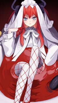 1388chan 1girl blue_eyes breasts chain cuffs curled_horns dragon_horns dragon_tail dress elizabeth_bathory_(avenger)_(fate) elizabeth_bathory_(fate) fate/grand_order fate_(series) fishnet_pantyhose fishnets hair_ribbon highres horns long_hair long_sleeves looking_at_viewer pantyhose red_hair ribbon shackles small_breasts solo tail thighhighs thighs two_side_up veil white_dress white_thighhighs