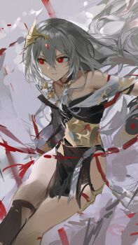 1girl absurdres baiser3rd black_dress chinese_clothes commentary_request dress floating_hair grey_hair herrscher_of_sentience highres honkai_(series) honkai_impact_3rd korean_commentary long_hair looking_to_the_side red_eyes smile solo yellow_pupils