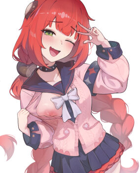 1girl ;d black_choker black_sailor_collar black_skirt bow braid cardigan choker commentary_request cowboy_shot drelouder fang green_eyes hair_ornament highres long_hair long_sleeves looking_at_viewer low_twin_braids one_breast_out one_eye_closed open_mouth pink_cardigan pleated_skirt red_hair sailor_collar shirt_aside simple_background skin_fang skirt smile solo sphere_hair_ornament twin_braids ukinami_yuzuha w w_over_eye white_background white_bow zenless_zone_zero