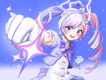 Rule 34 | 1girl, absurdres, ahoge, blue archive, blue eyes, blush, clenched hands, commentary, drill hair, emptiy, foreshortening, gloves, hair ornament, halo, highres, incoming attack, incoming punch, looking at viewer, magical girl, multicolored hair, official alternate costume, official alternate hairstyle, open mouth, pink hair, punching, purple hair, reisa (blue archive), reisa (magical) (blue archive), smile, solo, sparkle, sparkling aura, star (symbol), star hair ornament, star halo, streaked hair, twin drills, two-tone hair, upper body, v-shaped eyebrows, white gloves