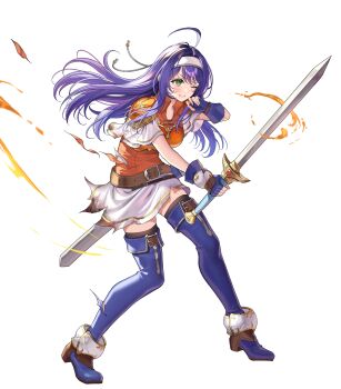 1girl ahoge armor battle_damage belt black_thighhighs blue_boots blue_gloves blue_hair blush boots breastplate breasts brown_belt damaged fingerless_gloves fire fire_emblem fire_emblem:_path_of_radiance fire_emblem:_radiant_dawn fire_emblem_heroes full_body gloves green_eyes hairband headband highres holding holding_sword holding_weapon long_hair looking_at_viewer mia_(fire_emblem) mia_(zenith_challenger)_(fire_emblem) nintendo non-web_source official_alternate_costume official_art okuma_mai orange_shirt parted_lips purple_hair scabbard sheath shirt short_sleeves shoulder_armor simple_background skirt solo sword thigh_boots thighhighs thighs torn_clothes weapon white_background white_hairband white_headband white_shirt white_skirt wide_sleeves