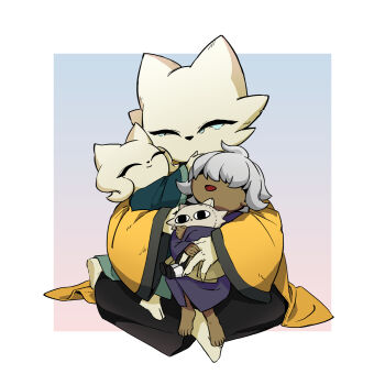 1girl 2boys blue_background border brother_and_sister cat_boy cat_girl character_doll chinese_clothes chinese_commentary closed_eyes closed_mouth commentary_request crying dark-skinned_male dark_skin doll furry furry_female furry_male gradient_background grey_hair heng_(nine_sols) highres inouehasue multiple_boys nine_sols open_mouth outside_border pink_background shuanshuan_(nine_sols) siblings simple_background sitting smile tearing_up white_border wide_sleeves yi_(nine_sols)