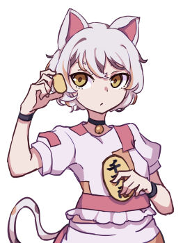 1girl absurdres animal_ears bell calico_(pattern) cat_ears cat_girl cat_tail coin crop_top gesture gold goutokuji_mike highres jingle_bell kame_(kamepan44231) koban_(gold) maneki-neko multicolored_hair multicolored_shirt multicolored_shorts multicolored_tail neck_bell one-hour_drawing_challenge orange_eyes patch patchwork_clothes short_hair shorts skirt streaked_hair tail touhou white_hair