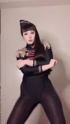 1girl adapted_costume animated asian ass ass_shake audible_music black_gloves black_hair black_leotard breasts crossed_arms curvy dancing gloves hat highleg highleg_leotard highres japanese_(nationality) leotard lips long_hair looking_at_viewer military military_uniform model pantyhose photo_(medium) ririkana small_breasts solo sound standing tagme thighhighs thong_leotard video