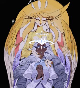 2boob2 2girls absurdly_long_hair angel angel_wings beak bird_girl blonde_hair commentary dress english_commentary furry furry_female glowing glowing_eyes halo hazbin_hotel hellaverse highres long_hair multiple_girls sera_(hazbin_hotel) speaker_of_god_(hazbin_hotel) very_long_hair white_dress white_hair wings