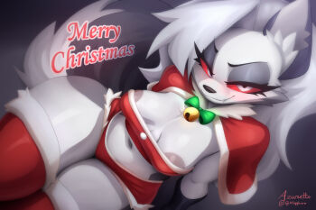 1girl absurdres animal_ears animal_nose areola_slip artist_name azuretto body_fur breasts capelet colored_sclera commentary english_commentary fang furry furry_female grey_fur grey_hair hellaverse helluva_boss highres long_hair looking_at_viewer loona_(helluva_boss) merry_christmas navel red_capelet red_sclera red_shorts red_thighhighs short_shorts shorts smile snout solo stomach tail thighhighs white_fur wolf_ears wolf_girl wolf_tail
