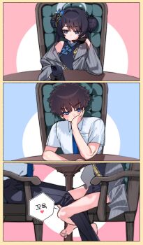 1boy 1girl absurdres armrest bare_shoulders barefoot black_dress black_gloves black_hair blue_archive blue_eyes blue_necktie blush butterfly_hair_ornament cellphone chair china_dress chinese_clothes coat commentary_request double_bun dragon_print dress dress_shirt gloves grey_coat grey_eyes grey_halo hair_bun hair_ornament half_gloves halo heart highres je_o_mo kisaki_(blue_archive) korean_text long_hair looking_at_phone necktie pelvic_curtain phone pinstripe_coat sensei_(blue_archive) shirt short_dress sitting sleeveless sleeveless_dress spoken_heart striped_clothes striped_coat table translation_request twintails vertical-striped_clothes white_shirt