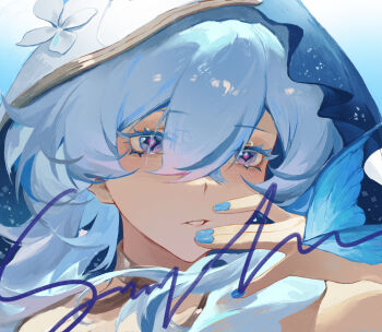 1girl absurdres blue_hair blue_nails blue_veil colored_eyelashes hair_between_eyes hand_up highres liudaohai6001 long_hair nail_polish portrait purple_eyes shorekeeper_(wuthering_waves) signature solo two-tone_veil veil white_veil wuthering_waves