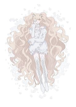 1girl absurdres blonde_hair boots commentary_request dress flower flower_eyepatch full_body hair_flower hair_ornament highres kirakishou lace-up_boots long_hair looking_at_viewer morgue_(southsakura) open_mouth rozen_maiden simple_background smile solo thigh_boots white_background white_dress white_flower yellow_eyes