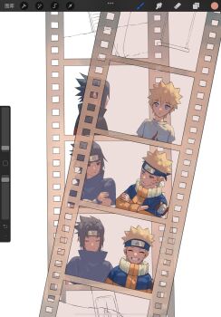 2boys art_program_in_frame black_hair black_shirt blonde_hair blue_eyes closed_eyes crossed_arms facial_mark film_strip grin haruiro_(hrm_ino) highres jacket light_smile looking_at_another male_focus multiple_boys naruto_(classic) naruto_(series) orange_jacket parted_bangs photo_(object) shirt short_hair smile spiked_hair time_progression uchiha_sasuke upper_body uzumaki_naruto whisker_markings white_background white_shirt