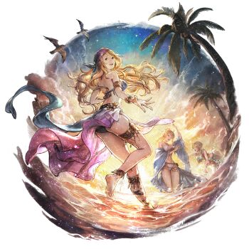 3girls ass barefoot beach breasts fiore_(octopath_traveler) looking_back lynette_(octopath_traveler) medium_breasts multiple_girls octopath_traveler octopath_traveler:_champions_of_the_continent official_alternate_costume official_art palm_tree smile sofia_(octopath_traveler) swimsuit thighs tree