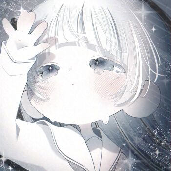 1girl blush choppy_bangs closed_mouth dot_mouth dot_nose eyelashes grey_eyes highres long_hair long_sleeves looking_afar original parted_lips school_uniform solo sparkle square tears thk_41 white_hair