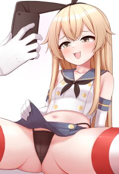 1girl 1other :3 absurdres bare_shoulders black_neckerchief black_panties blonde_hair blue_sailor_collar blue_skirt blush bow_hairband cellphone clothes_lift commentary_request crop_top crotch elbow_gloves flashing furrowed_brow gloves hairband highres holding holding_phone kantai_collection lifting_own_clothes long_hair looking_ahead microskirt midriff navel neckerchief open_mouth paid_reward_available panties panty_straps phone pleated_skirt red_thighhighs sailor_collar school_uniform serafuku shimakaze_(kancolle) simple_background skirt skirt_lift smartphone smile smug solo_focus spread_legs striped_clothes striped_thighhighs sweatdrop teasing thighhighs thighs thong tiemu_(man190) two-tone_thighhighs underwear variant_set white_background white_gloves white_serafuku white_thighhighs yellow_eyes