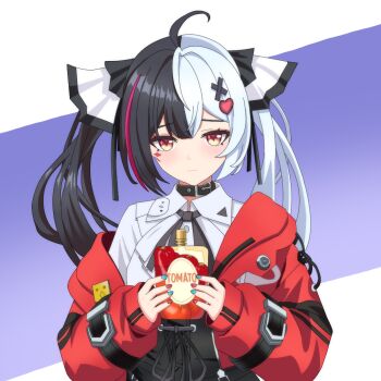 1girl black_hair black_skirt blue_nails closed_mouth commentary_request drink_carton hair_ornament heart heart_hair_ornament holding holding_drink_carton holding_juice_box jacket juice juice_box lacrimosa_(nte) long_hair looking_at_viewer miraa_(mirroa1015) multicolored_hair multicolored_nails nail_polish neverness_to_everness red_jacket red_nails red_streaks shirt skirt solo split-color_hair streaked_hair tomato_juice twintails two-tone_hair very_long_hair white_hair white_shirt x_hair_ornament