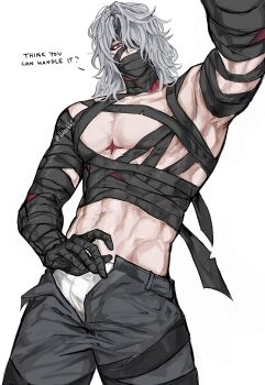 1boy abs antenna_hair arm_up bandage_over_one_eye bandaged_arm bandaged_chest bandaged_hand bandaged_head bandaged_leg bandaged_neck bandages bandages_over_clothes bandages_over_mouth black_bandages black_pants collarbone commentary covered_mouth cowboy_shot english_commentary english_text genshin_impact grey_hair hair_between_eyes highres lanauwuuuu looking_at_viewer looking_down male_focus male_pubic_hair male_underwear medium_hair navel one_eye_covered open_fly pants parted_bangs pectorals pubic_hair purple_eyes rerir_(genshin_impact) simple_background solo standing stomach underwear white_background white_male_underwear