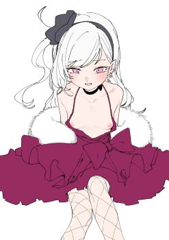 1girl animal_ears black_choker blue_archive breasts choker dress fishnet_pantyhose fishnets highres loli long_hair mutsuki_(blue_archive) mutsuki_(dress)_(blue_archive) nijiko_uro nipples official_alternate_costume pantyhose pointy_ears purple_eyes red_dress shawl small_breasts solo white_background white_hair white_shawl