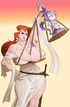 2024 2girls :&lt; abs absurdres adventures_of_sonic_the_hedgehog animal_ears arm_up barefoot blaze_the_cat blue_eyes body_fur breasts captainjingo carrying carrying_person cat_ears cat_girl cleavage clothes_writing collarbone commentary contrapposto cosplay detached_sleeves dress english_commentary feet_out_of_frame female_focus flat_chest forehead_jewel full_body gradient_background grin hair_tie hand_own_own_hip head_tilt highres holding huge_breasts katella_the_huntress lady_justice legs_together libra_(zodiac) long_hair looking_at_viewer looking_down multiple_girls muscular muscular_female navel pink_background ponytail princess purple_fur purple_shorts red_hair red_lips scabbard scarf sega sheath shirt shorts sitting smile sonic_(series) standing t-shirt tareme thick_arms thick_thighs thighs tiara toned toned_female tsurime wariza wavy_hair weighing_breasts weighing_scale white_dress white_scarf wide_hips yellow_eyes zodiac