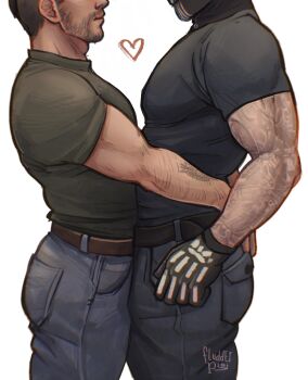 2boys arm_tattoo artist_name bara belt black_belt black_gloves black_hair black_pants black_shirt brown_belt call_of_duty call_of_duty:_modern_warfare_2 closed_mouth couple facial_hair ghost_(modern_warfare_2) gloves green_shirt grey_pants highres hug large_pectorals male_focus mask multiple_boys muscular muscular_male pants pectorals shell_(fludderpy) shirt short_hair soap_(modern_warfare_2) tattoo yaoi