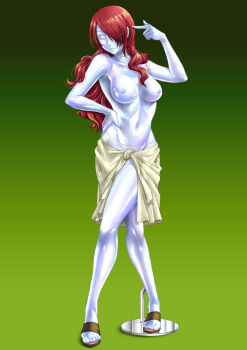 1girl albyee collarbone commission full_body green_background hand_on_own_hip kirijou_mitsuru long_hair mannequin navel persona persona_3 petrification pointing pointing_at_self red_hair sandals solo standing swimsuit topless_female