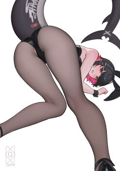 1girl absurdres alternate_costume animal_ears ass ass_focus bare_shoulders black_hair black_leotard black_pantyhose blush breasts colored_inner_hair commentary earrings ellen_joe english_commentary fake_animal_ears fins fish_tail hairband highres jewelry leotard looking_at_viewer metal_hairband mole mole_under_eye multicolored_hair pantyhose parted_lips playboy_bunny quilm rabbit_ears razor_blade_hair_ornament red_eyes scar scar_on_tail shark_girl shark_tail shoes short_hair simple_background single_earring solo strappy_heels tail thighs two-tone_hair white_background wrist_cuffs zenless_zone_zero