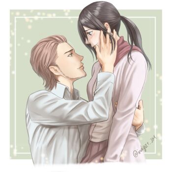 1boy 1girl affair artist_name bad_tag betrayal black_hair blush brown_hair cheating_(relationship) commentary_request disgrace disgust facial_hair highres incest indigo_t_jm infidelity jean_kirstein long_hair long_sleeves low_ponytail mikasa_ackerman netorare netorase official_alternate_costume out_of_character ponytail red_scarf scarf shingeki_no_kyojin shirt short_hair sideburns twitter_username unfaithful white_shirt