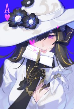 Rule 34 | 1girl, absurdres, au ra, black gloves, black hair, blonde hair, blue background, blush, bow, breasts, chinese commentary, cleavage, commentary request, dress, english text, envelope, flower, gloves, hair over one eye, hat, hat flower, heart, heart-shaped pupils, highres, holding, holding letter, honkai: star rail, honkai (series), horns, large breasts, letter, long hair, looking at viewer, love letter, mole, mole under eye, multicolored hair, purple eyes, ranguage, simple background, smile, solo, streaked hair, sun hat, symbol-shaped pupils, ten young pigeons, the dahlia (honkai: star rail), upper body, white dress