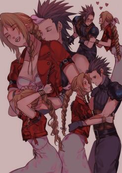 1boy 1girl aerith_gainsborough armor baggy_pants black_gloves black_hair blush bracelet braid braided_ponytail breasts brown_hair cleavage closed_eyes collarbone commentary couple cowboy_shot crisis_core:_final_fantasy_vii dress english_commentary final_fantasy final_fantasy_vii final_fantasy_vii_remake gloves hair_ribbon heart hetero highres hug hug_from_behind jacket jewelry long_hair looking_at_another multiple_views open_clothes open_jacket open_mouth pants parted_bangs pink_dress pink_ribbon ponytail red_jacket ribbon sera_(serappi) shoulder_armor sleeveless sleeveless_turtleneck small_breasts spiked_hair sweater turtleneck turtleneck_sweater upper_body zack_fair