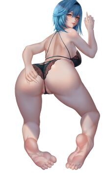 Rule 34 | absurdres, ass, barefoot, black bra, black hairband, black panties, blue hair, bra, breasts, covered clitoris, eula (genshin impact), feet, from behind, genshin impact, hairband, highres, lingerie, medium breasts, medium hair, middle finger, panties, pussy, pussy peek, soles, solo, toes, transparent background, underwear, white background, yellow eyes, yuzuriha (pixiv 14248010)