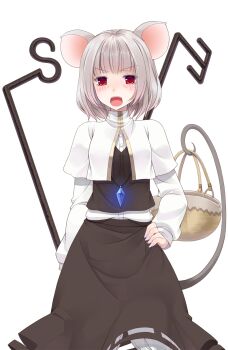 Rule 34 | 1girl, animal ears, basket, black skirt, black vest, bloomers, blue gem, blush, breasts, capelet, commentary request, cowboy shot, crote, dowsing rod, gem, grey hair, hand on own hip, highres, jewelry, large variant set, long sleeves, looking at viewer, mouse ears, mouse tail, nazrin, necklace, open mouth, pendant, red eyes, shirt, short hair, skirt, skirt set, solo, tachi-e, tail, teeth, touhou, transparent background, underwear, upper teeth only, v-shaped eyebrows, variant set, vest, white bloomers, white capelet, white shirt