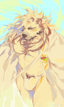 1boy abs absurdres angryhuiye animal_ears bara bare_pectorals beard brown_fur bulge closed_eyes cowboy_shot facial_hair from_above full_beard furry furry_male highres large_pectorals male_focus male_pubic_hair mature_male muscular muscular_male original pectorals pubic_hair pubic_hair_peek solo standing strongman_waist thick_beard thick_eyebrows thick_thighs thighs white_fur wolf_boy wolf_ears