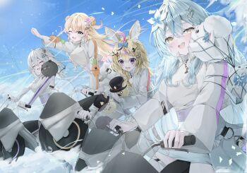 Rule 34 | 4girls, blonde hair, blue hair, closed mouth, commentary, double bun, english commentary, grey hair, group picture, hair bun, highres, hololive, long hair, momosuzu nene, motor vehicle, motorcycle, multiple girls, nakatako1225, nepolabo, omaru polka, on motorcycle, purple eyes, riding, shishiro botan, virtual youtuber, yellow eyes, yukihana lamy