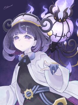 1girl absurdres chama_(kevs2875) chandelure coat gen_5_pokemon gloves gwynn_(pokemon) hat highres long_sleeves mega_chandelure nintendo open_clothes pokemon pokemon_(creature) pokemon_legends:_z-a purple_eyes purple_hair short_hair white_coat