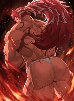 1boy alternate_costume ass back_tattoo bara bellsaltr black_background feet_out_of_frame fire fundoshi granblue_fantasy highres huge_ass japanese_clothes light_particles long_hair male_focus manly mature_male multicolored_hair muscular muscular_arms muscular_legs muscular_male official_alternate_costume ponytail red_hair simple_background solo spiked_hair sweat sweatdrop tan tattoo thighs white_hair wilnas_(apron_of_ardor)_(granblue_fantasy) wilnas_(granblue_fantasy) yellow_eyes