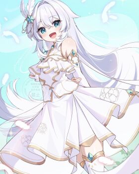 1girl :d aisu_(i_ce_pinon_pino) aqua_eyes arms_behind_back bare_shoulders blue_background blue_sky borrowed_character commentary_request commission crossed_legs day detached_sleeves double-parted_bangs falling_feathers feather_hair_ornament feathers feet_out_of_frame flat_chest foliage gold_trim hair_intakes hair_ornament halterneck hand_on_own_arm happy highres long_hair long_skirt long_sleeves looking_at_viewer open_mouth original outdoors shirt sidelocks skeb_commission skirt skirt_set sky smile solo sparkle standing thighhighs very_long_hair watermark watson_cross white_hair white_haired_girl_(gespens03366872) white_shirt white_skirt white_thighhighs wind zettai_ryouiki