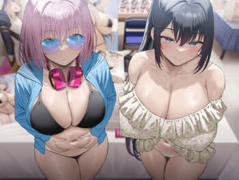 2girls bare_shoulders bikini black_bikini black_hair blue_eyes blue_shirt blush breasts cleavage commentary_request grey_eyes headphones headphones_around_neck heart heart-shaped_eyewear large_breasts long_hair long_sleeves looking_at_viewer multiple_girls navel oekakizuki off_shoulder original partial_commentary pink_hair plump shirt smile sunglasses swimsuit white_shirt