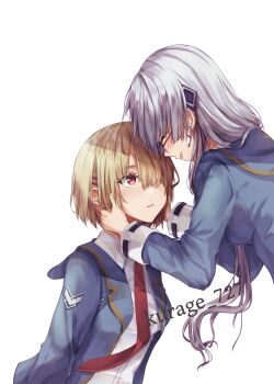 2girls artist_name brown_hair commentary_request glasses grey_hair heaven_burns_red highres izumi_yuki_(heaven_burns_red) kayamori_ruka kurage_(kurage19) long_hair looking_at_another multiple_girls necktie red_eyes school_uniform short_hair yuri