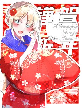 1girl artist_name blonde_hair blue_eyes blush border breasts egasumi english_text female_focus flower gigantic_breasts hair_flower hair_ornament happy_new_year japanese_clothes japanese_text kimono kuyu730 looking_at_viewer new_year open_mouth original outline own_hands_together pale_skin red_background red_flower red_kimono rose shiny_skin short_hair smile solo standing white_border white_outline