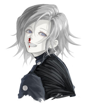 1boy absurdres aestro_111 aotsuki_eito blood commentary_request cropped_shoulders eyelashes eyeliner from_behind grey_hair grin highres last_defense_academy_school_uniform looking_at_viewer looking_back makeup male_focus no_eyewear nosebleed purple_eyes red_eyeliner school_uniform short_hair smile solo the_hundred_line_-last_defense_academy-