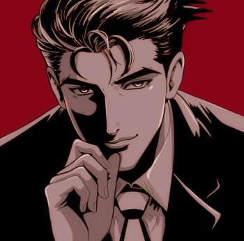 1boy closed_mouth collared_shirt fingernails greyscale_with_colored_background jacket looking_at_viewer male_focus mature_male megadeus_mommy necktie portrait red_background roger_smith shaded_face shirt short_hair sideburns solo the_big_o v-shaped_eyebrows