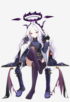 1girl black_coat black_gloves black_halo blue_archive blush boots closed_mouth coat coat_on_shoulders commentary_request crossed_legs demon_wings gloves halo hand_up highres hina_(blue_archive) holding holding_boots holding_footwear holding_unworn_clothes kou_futoshi long_hair looking_at_viewer low_wings purple_boots purple_eyes purple_thighhighs simple_background sitting solo thigh_boots thighhighs unworn_boots very_long_hair white_background white_hair wings