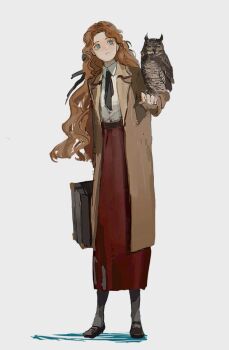 1girl animal_on_arm belt bird black_ribbon black_shoes black_thighhighs blue_eyes brown_belt brown_coat coat collared_shirt full_body gynger_edventray_(hiiragimare) hair_ribbon highres hiiragimare hogwarts_legacy holding holding_suitcase long_hair long_skirt mary_janes neck_ribbon open_clothes open_coat original owl red_hair red_skirt ribbon shirt shoes simple_background sketch skirt solo standing suitcase thighhighs white_background white_shirt wizarding_world