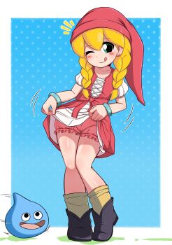 1girl 1other :d black_boots blonde_hair blue_background blush_stickers boots border bracelet clothes_lift dragon_quest dress dress_lift full_body green_eyes hat jewelry kurokiart97 mega_man_(series) one_eye_closed open_mouth red_dress red_hat roll_(mega_man) shirt short_sleeves slime_(dragon_quest) smile socks standing tongue tongue_out veronica_(dq11)_(cosplay) white_border white_shirt wings yellow_socks