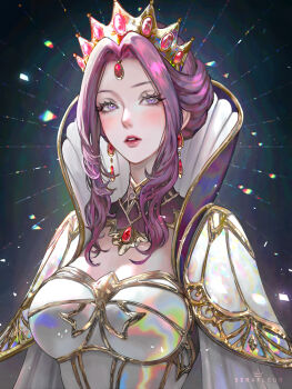 1girl artist_name breasts collar commentary crown detached_collar earrings forehead_jewel gem jewelry large_breasts mature_female mirelia_q_melromarc parted_lips purple_collar purple_eyes purple_hair queen red_gemstone serafleur sidelocks solo tate_no_yuusha_no_nariagari