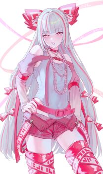 1girl absurdres alternate_costume alternate_hair_color belt bow breasts chain chain_necklace clenched_teeth clothing_request collar commentary fujiwara_no_mokou hair_bow hand_on_own_hip highres jewelry long_hair looking_at_viewer multicolored_hair multiple_hair_bows necklace pink_belt pink_nails red_collar red_eyes red_hair red_shorts red_thighhighs shorts simple_background small_breasts solo spiked_collar spikes streaked_hair teeth thighhighs torinari_(dtvisu) touhou two-tone_hair very_long_hair white_background