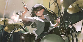 Rule 34 | 1girl, absurdres, artist request, bang dream!, bang dream! it's mygo!!!!!, black hair, black shirt, breasts, chinese commentary, closed mouth, commentary request, commission, drumsticks, highres, holding, holding drumsticks, jacket, light particles, long hair, medium breasts, microphone, mole, mole under eye, purple eyes, second-party source, shiina taki, shirt, solo, white jacket