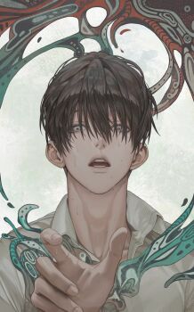 Rule 34 | 1boy, absurdres, black hair, body horror, collared shirt, grey eyes, hair between eyes, hashtag-only commentary, heng (hang 1004), highres, hikaru ga shinda natsu, looking at viewer, male focus, mole, mole on cheek, mole on neck, multiple moles, open mouth, outstretched hand, school uniform, shirt, short hair, solo, tsujinaka yoshiki, wet, white shirt