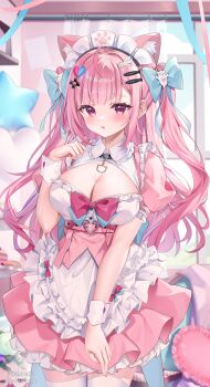 1girl absurdres animal_ear_fluff animal_ears apron balloon blue_bow blush bow breasts cat_ears cat_girl cleavage commentary_request dress frilled_apron frilled_hairband frills ghost_hair_ornament guzangnanfeng hair_bow hairband heart_balloon highres indie_virtual_youtuber long_hair looking_at_viewer maid maid_headdress medium_breasts pink_dress pink_hair puffy_short_sleeves puffy_sleeves purple_bow purple_eyes short_sleeves solo star_balloon very_long_hair virtual_youtuber white_apron white_hairband white_wrist_cuffs wrist_cuffs yuuki_sakuna yuuki_sakuna_(1st_costume)